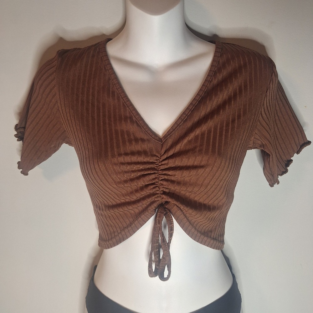 Terracotta Brown Ribbed Cinched V-Neck Crop Top Short Sleeve Size Small
